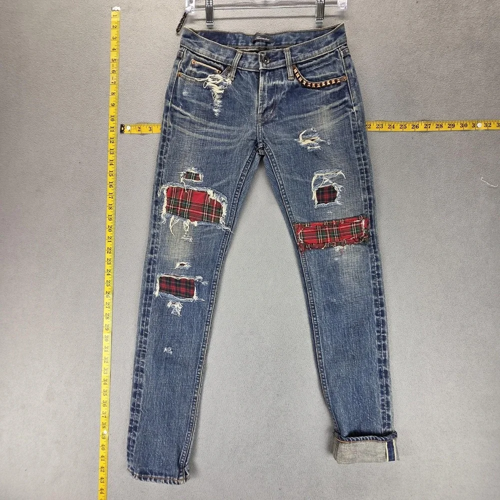 Selvedge Jeans Womens Blue Thrashed Patchwork Plaid Whiskers Studded‎ Fits 27x30